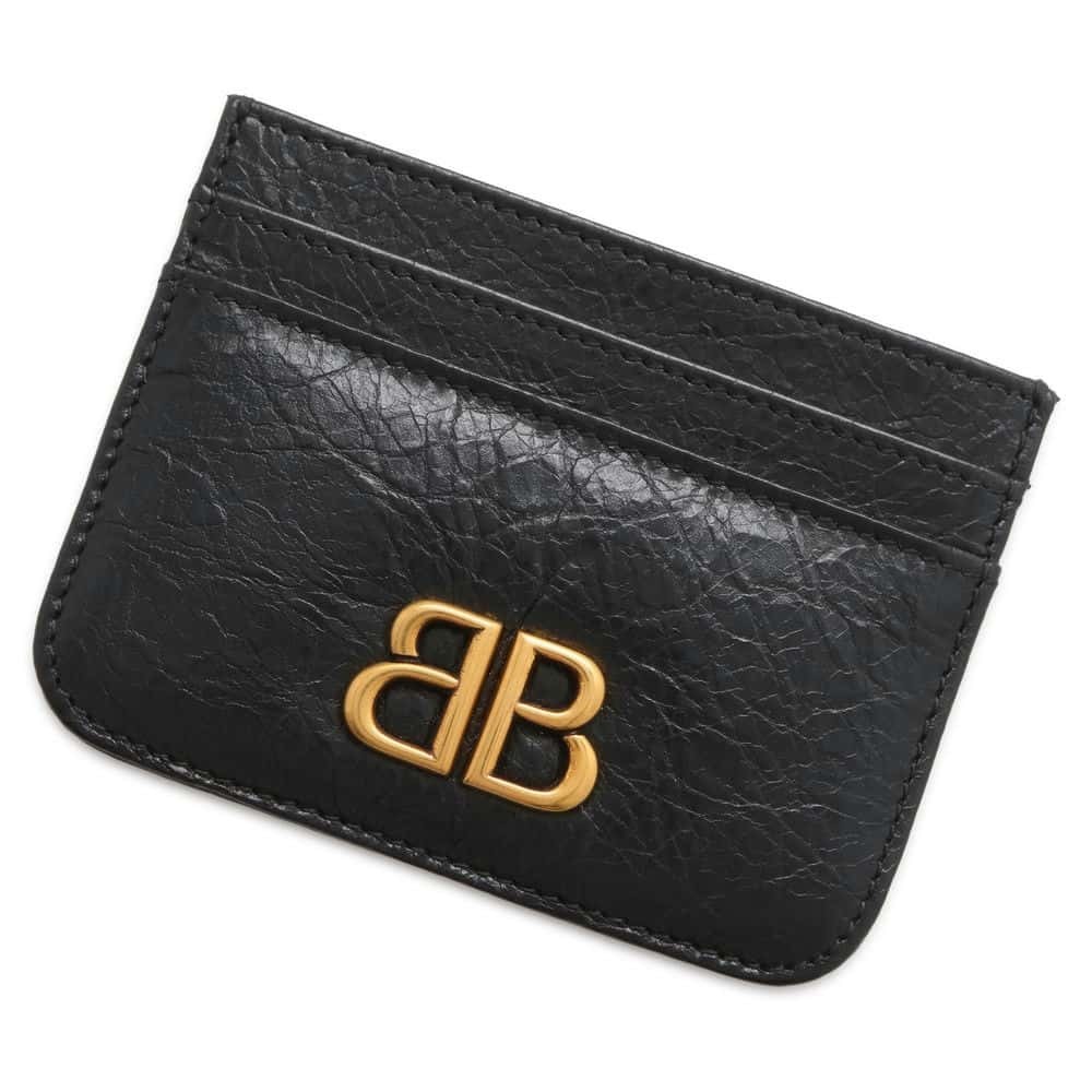 Balenciaga Card Case Logo Leather Holder Black Wallet